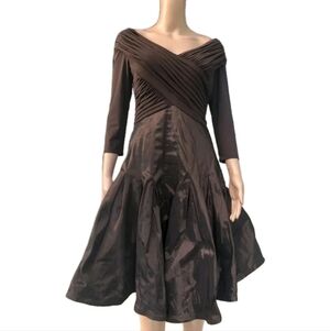 Tadashi Shoji Brown Off-Shoulder Fit-and-Flare Mini Dress